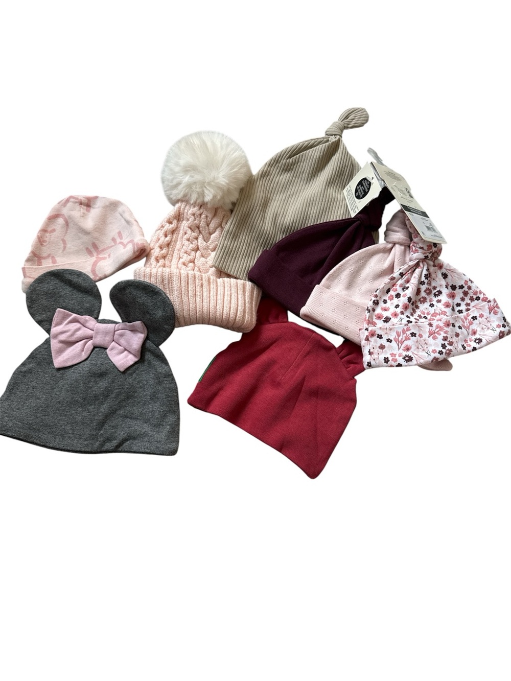 Baby Girls Mixed Beanie Hat Set - Pink, Gray, Burgundy, Cream, Floral (8 Hats)